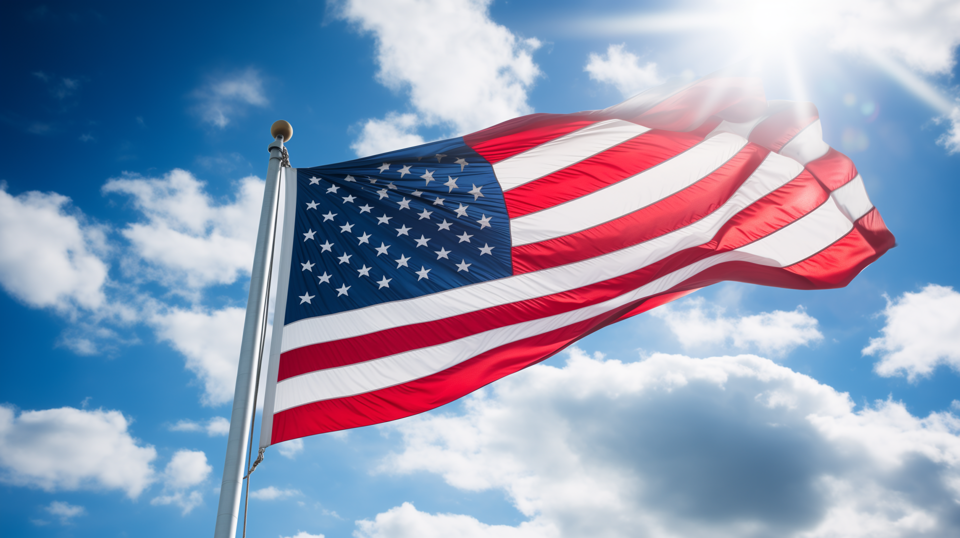 American Flag waving against a sunny blue sky with clouds, HD desktop wallpaper and background.
