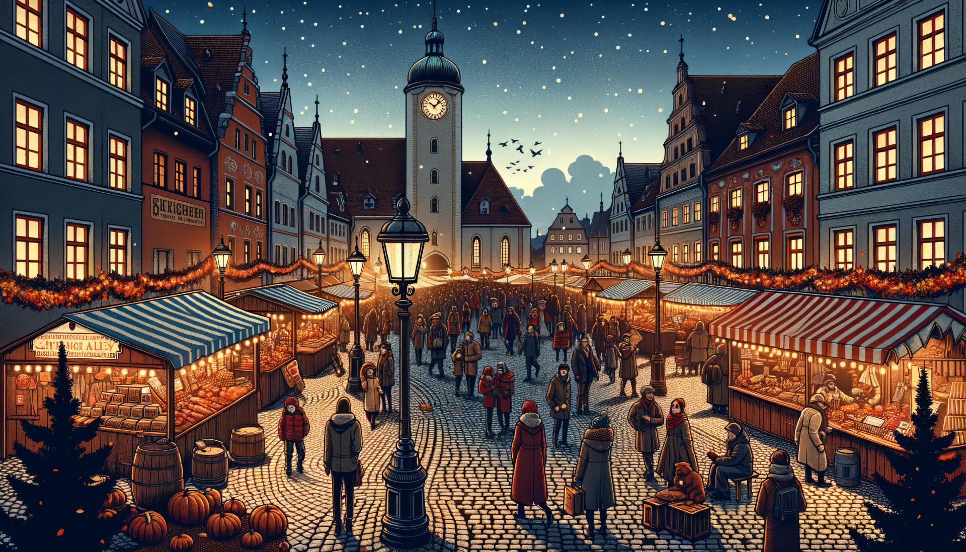 HD desktop wallpaper of a festive evening market scene in a historic European town square with clock tower and twinkling stars.