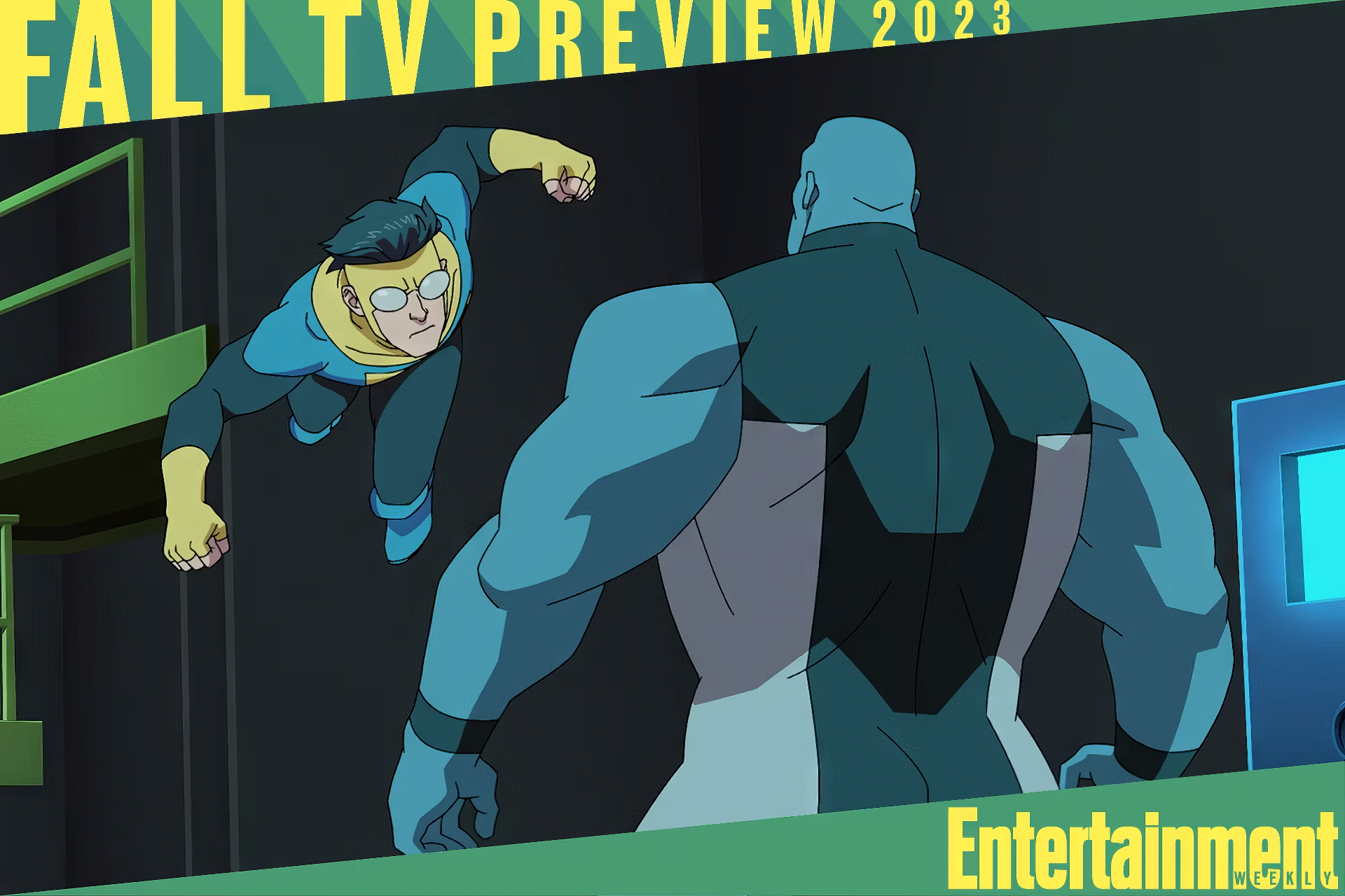 HD desktop wallpaper featuring a scene from Invincible with a superhero in blue and yellow costume flying towards a large figure, part of the Fall TV Preview 2021 by Entertainment.