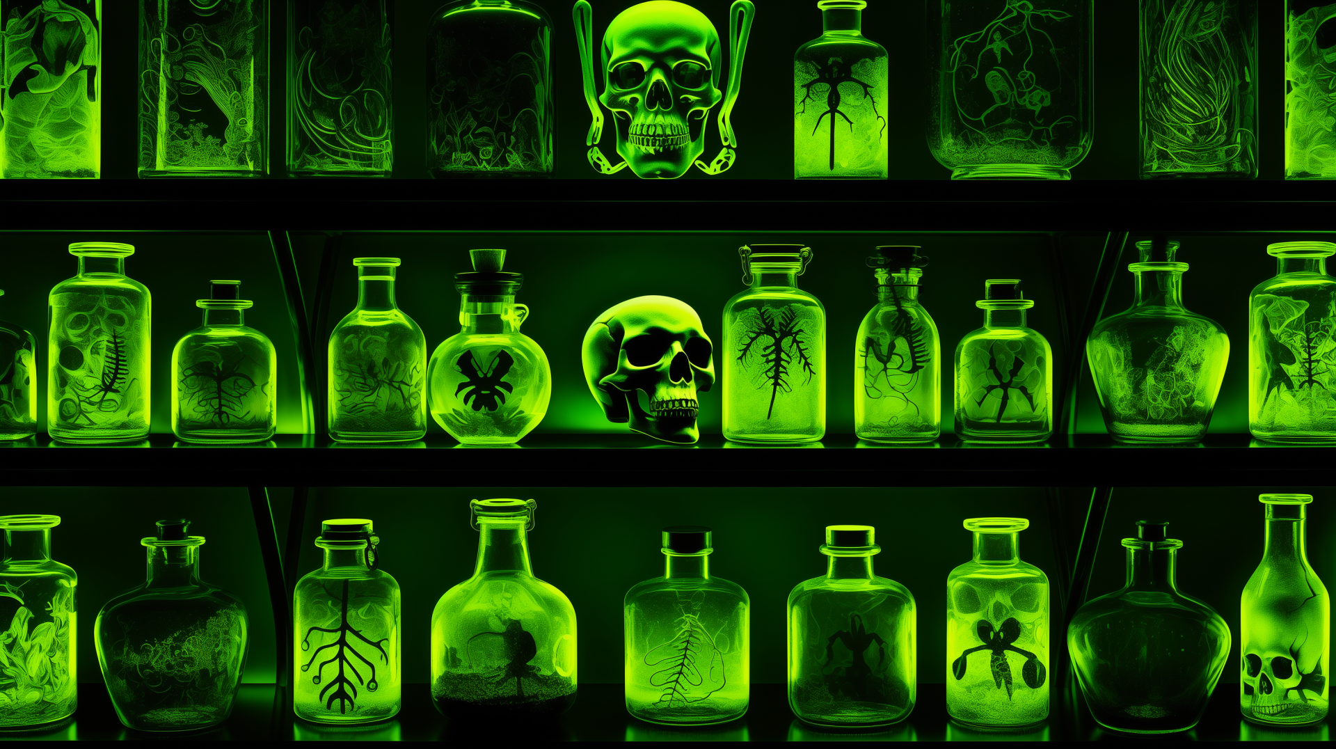 HD wallpaper featuring a collection of eerie green potions and skulls, showcasing toxic and mystical themes for a spooky desktop background.
