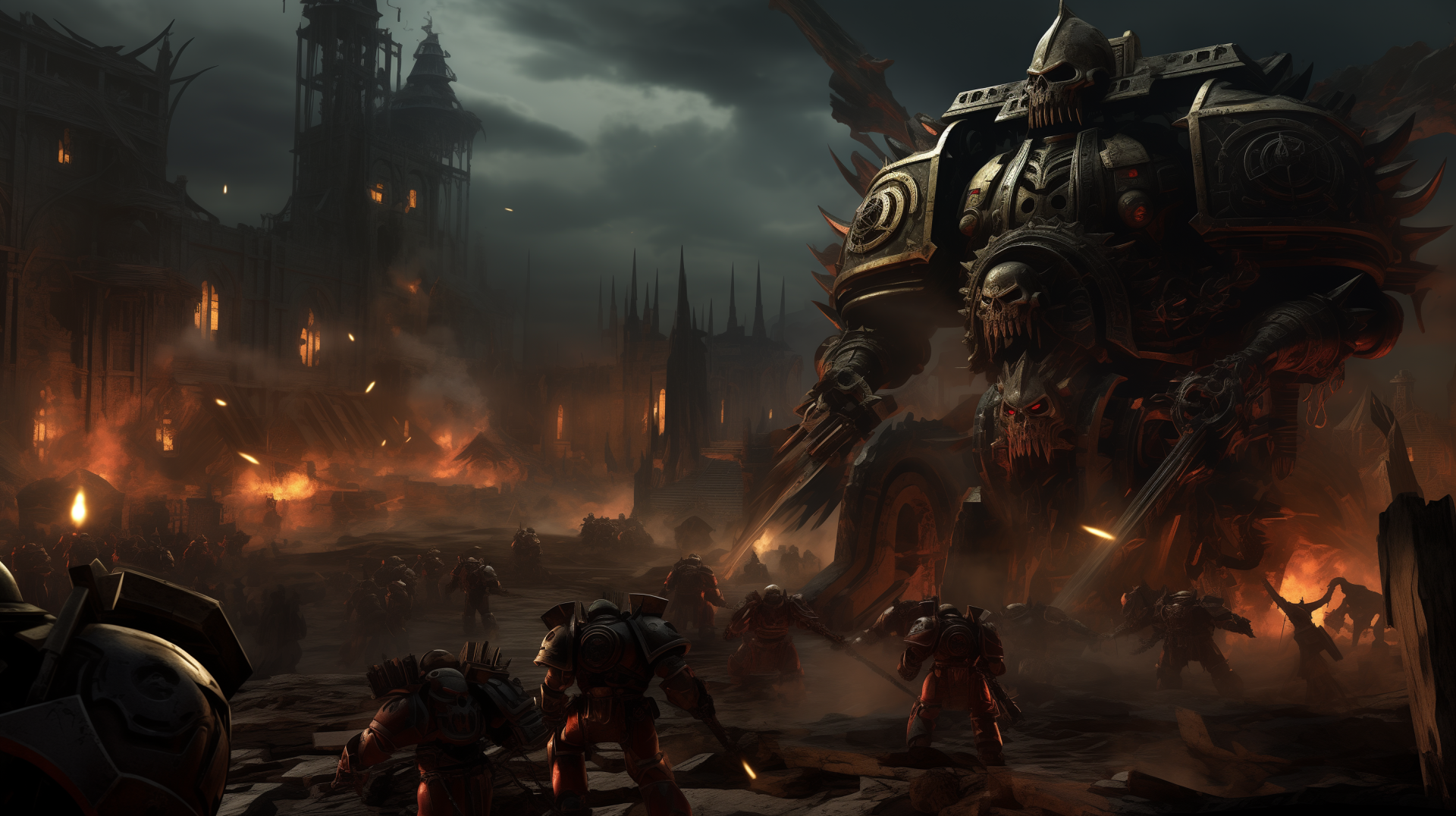 HD Warhammer 40K desktop wallpaper featuring a dramatic battle scene with space marines and war machinery amid fire and ruins.
