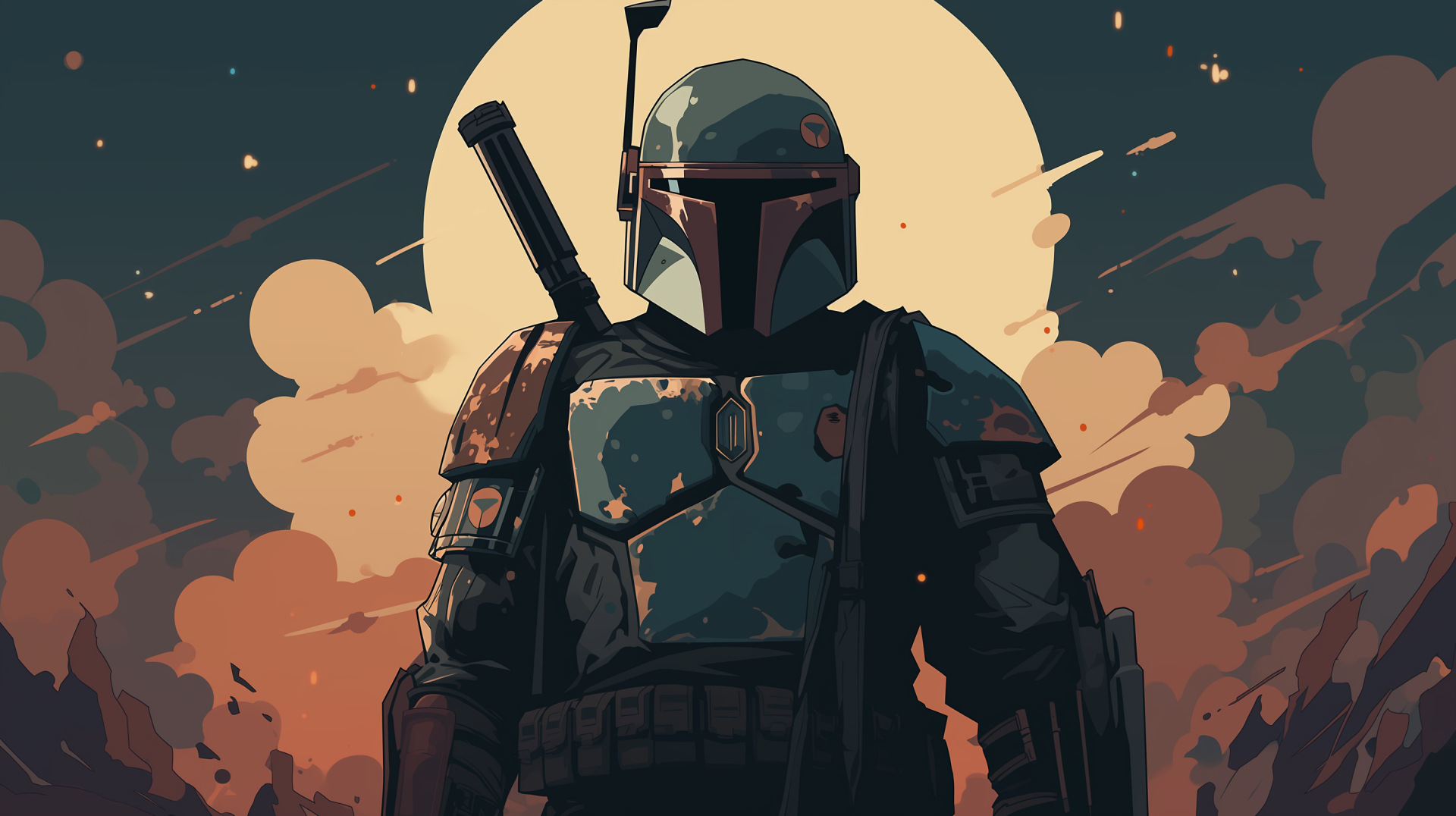 A striking HD desktop wallpaper featuring Boba Fett from Star Wars, showcasing his iconic armor against a dramatic background inspired by The Mandalorian.