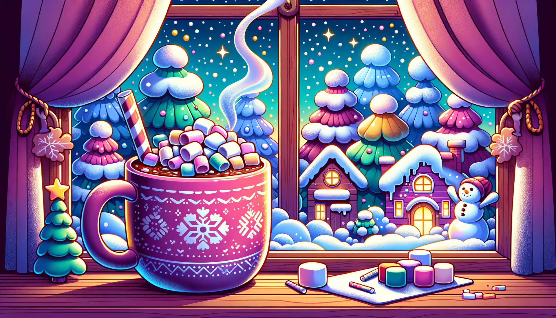 Cozy winter wallpaper featuring a steaming mug of hot cocoa with marshmallows, candy canes, and a snowy village scene visible through a window.