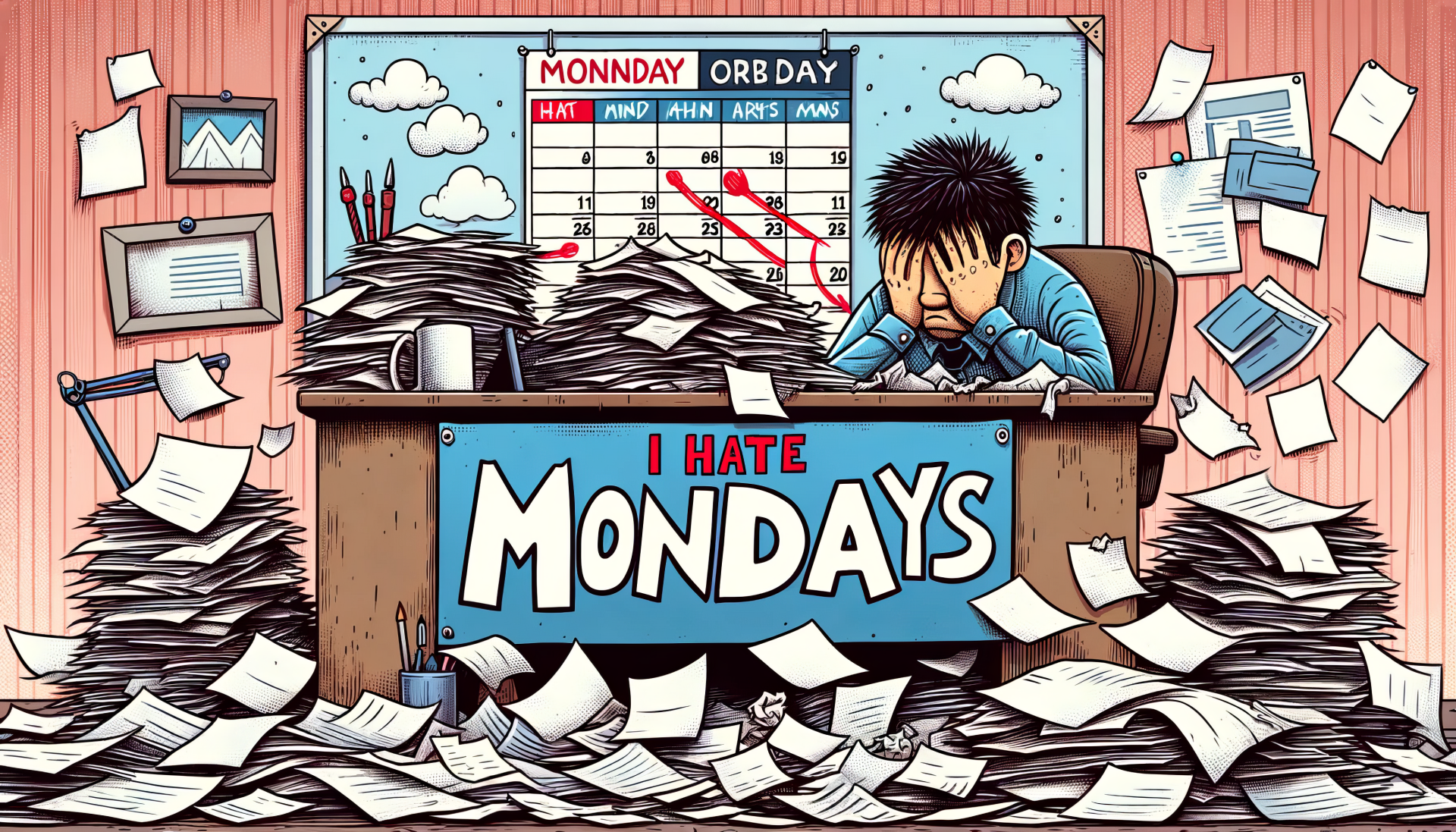 HD desktop wallpaper featuring a cartoon of a man overwhelmed by paperwork at a desk with a calendar and a sign that reads I HATE MONDAYS.
