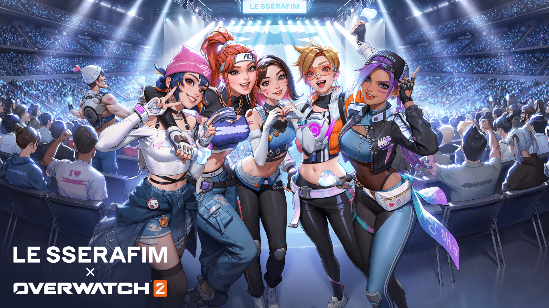 HD desktop wallpaper featuring characters from Overwatch 2 in collaboration with LE SSERAFIM at an energized esports event.