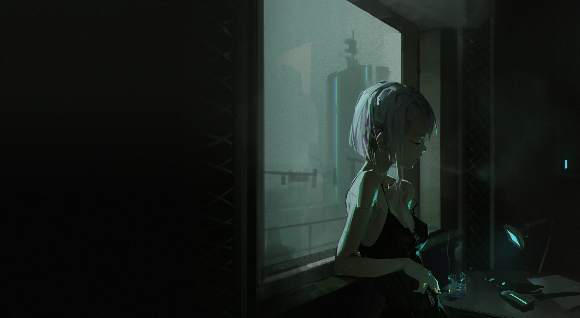HD PC desktop wallpaper featuring a cyberpunk anime scene from Edgerunners, depicting a contemplative character with neon accents against a dark, futuristic cityscape.