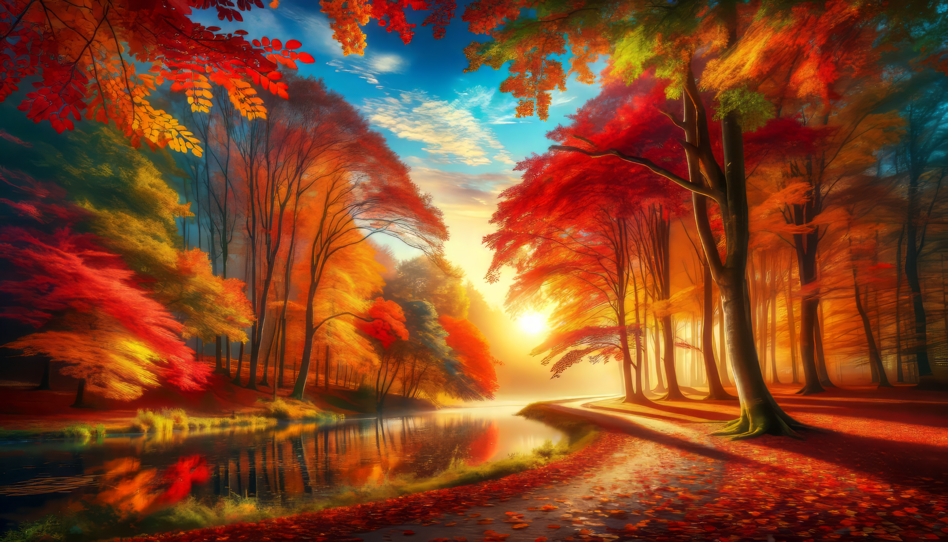 Autumn landscape wallpaper with vibrant trees and sunset reflection on water for HD desktop background.