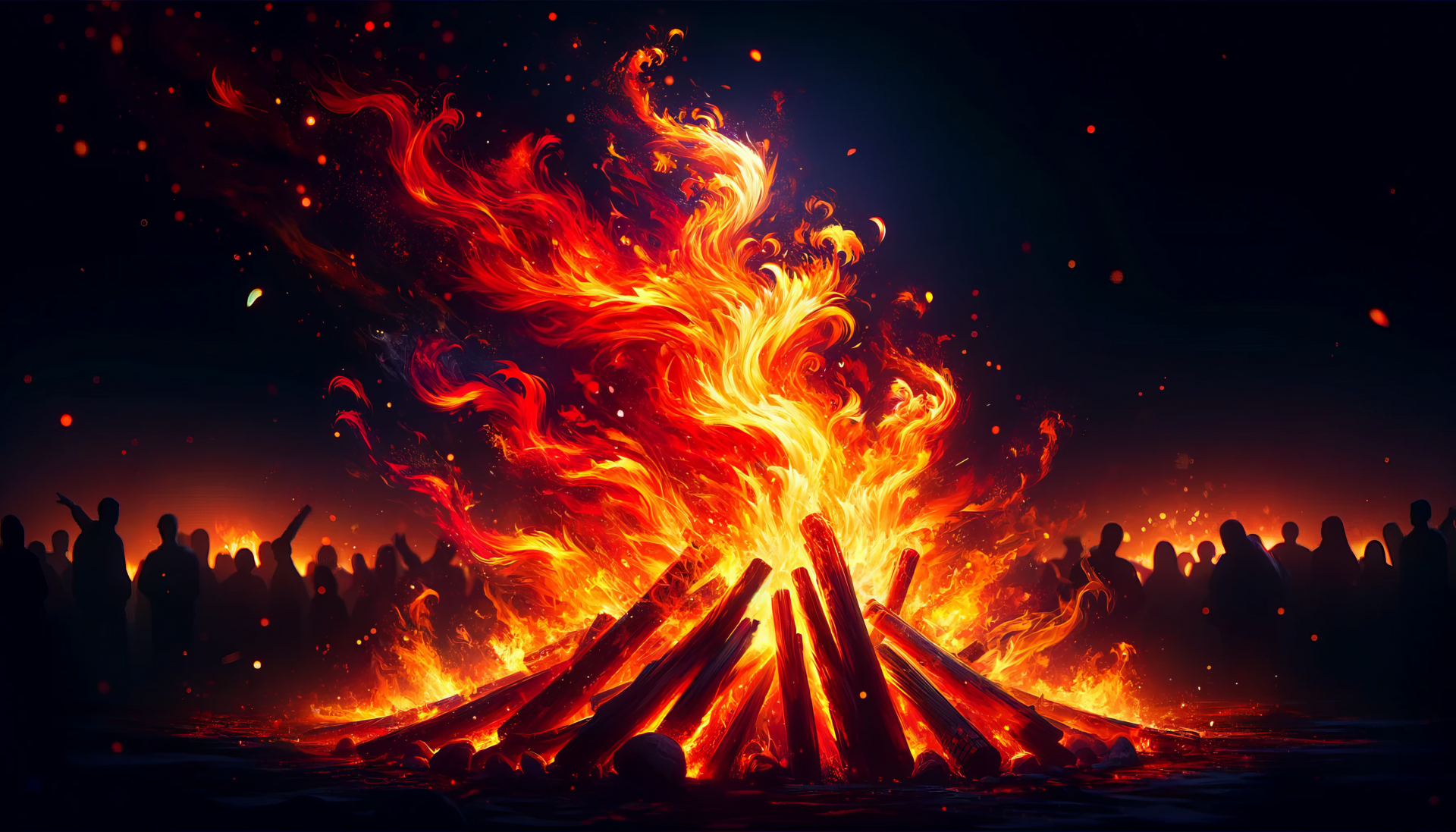A vibrant bonfire blazes in the foreground, surrounded by silhouetted figures, creating a captivating HD desktop wallpaper that evokes warmth and camaraderie.