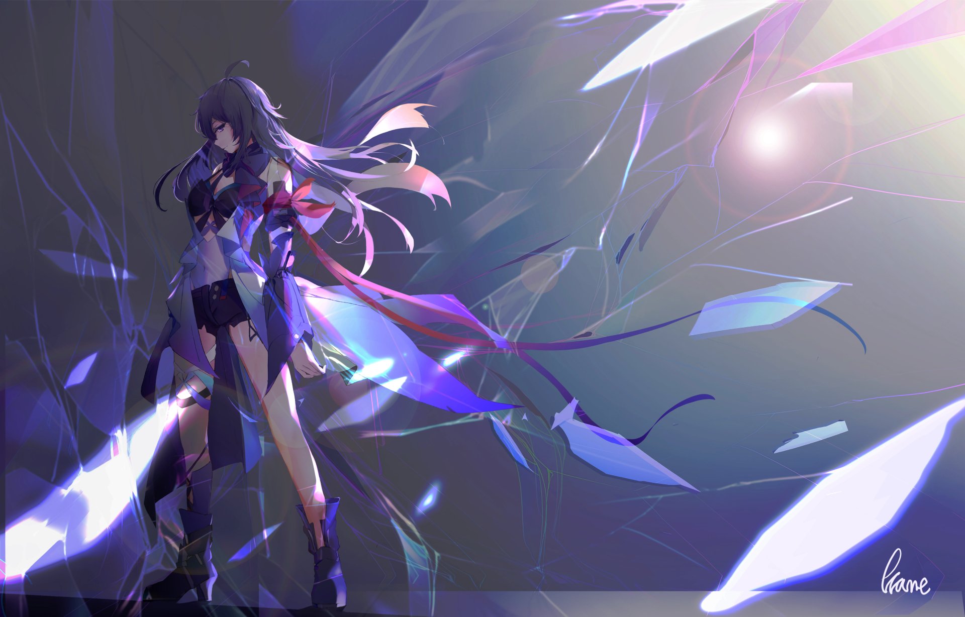 Seele Vollerei from the video game Honkai: Star Rail stands amidst glowing shards in this dynamic 8K Ultra HD PC desktop wallpaper and background.