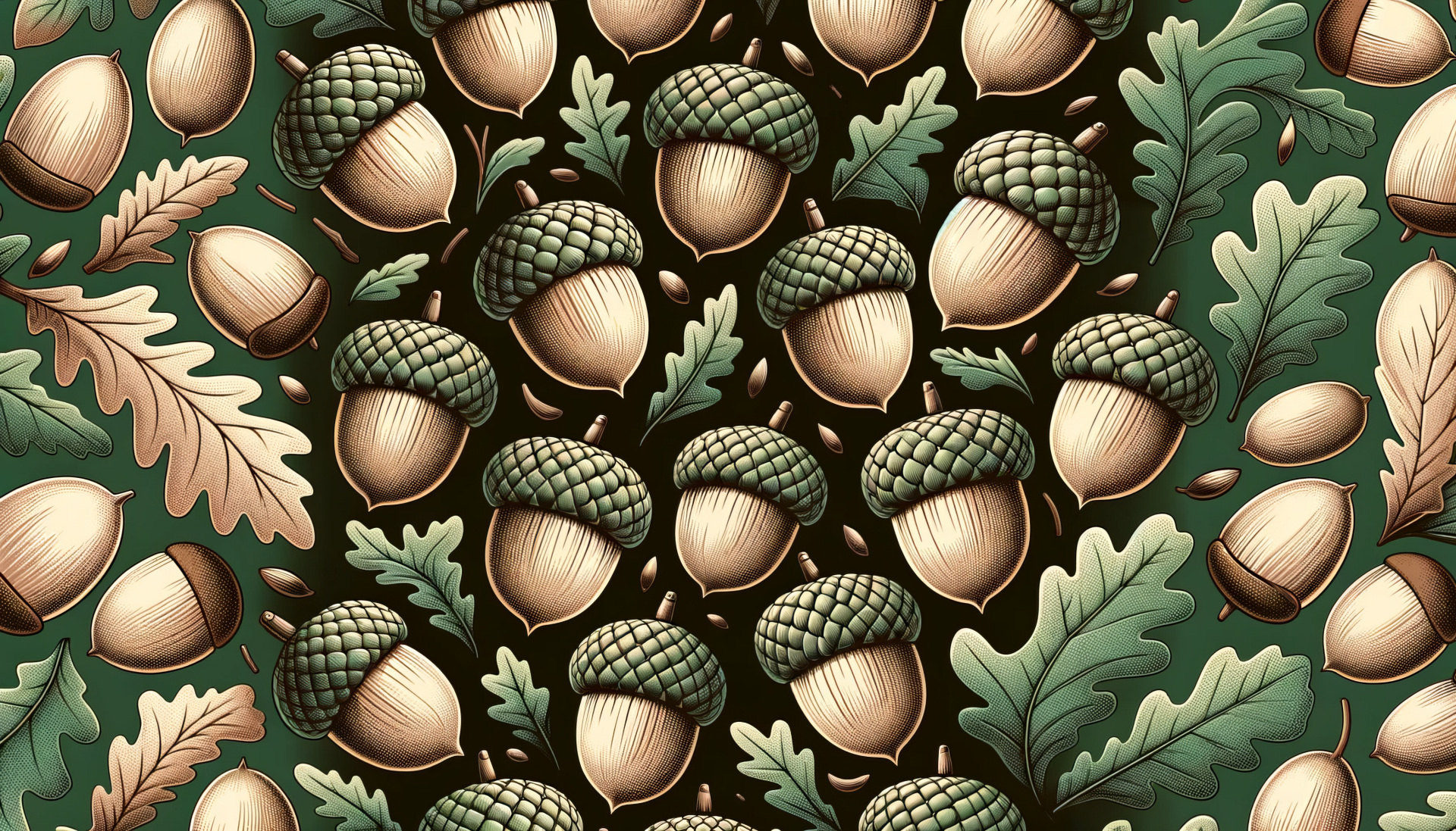 Elegant acorn and oak leaf pattern wallpaper design in a vintage style for HD desktop background.