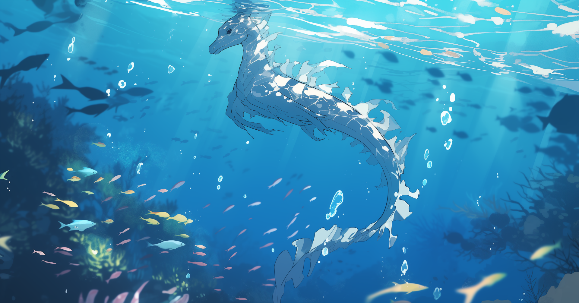 HD Wallpaper of a leafy seadragon gracefully swimming in a vibrant underwater scene.