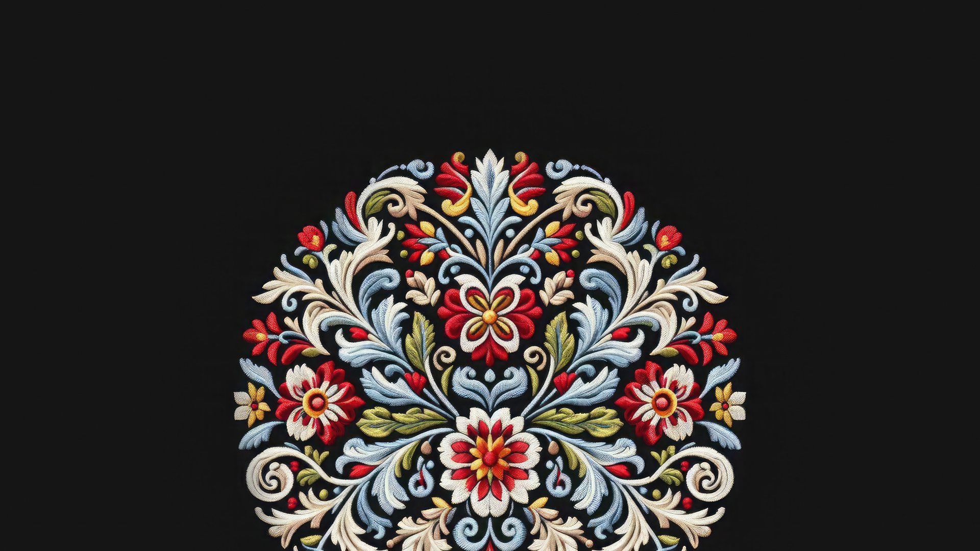 Intricate Ukrainian folk floral pattern in vibrant red, blue, and white on a black background, designed as an 8K Ultra HD PC desktop wallpaper.