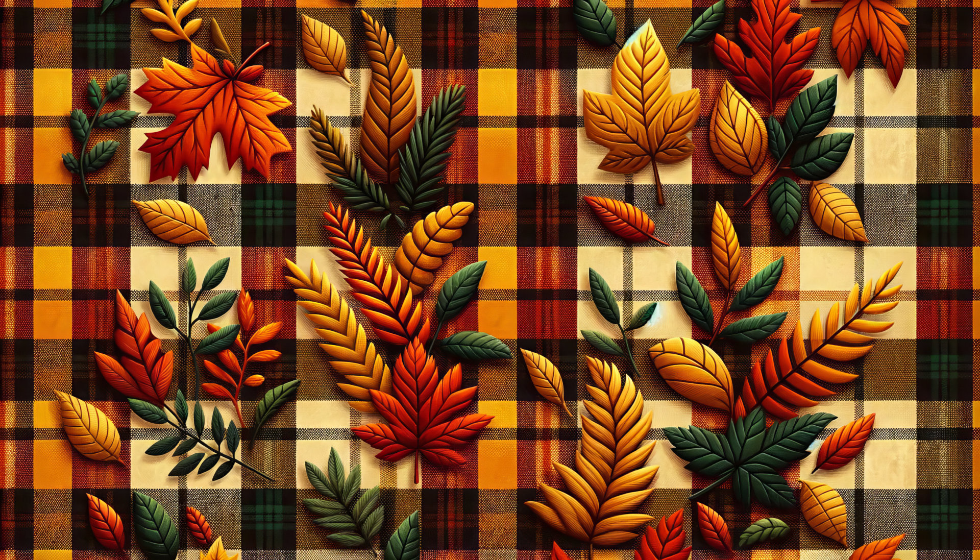 HD desktop wallpaper featuring colorful autumn leaves arranged on a flannel patterned background.