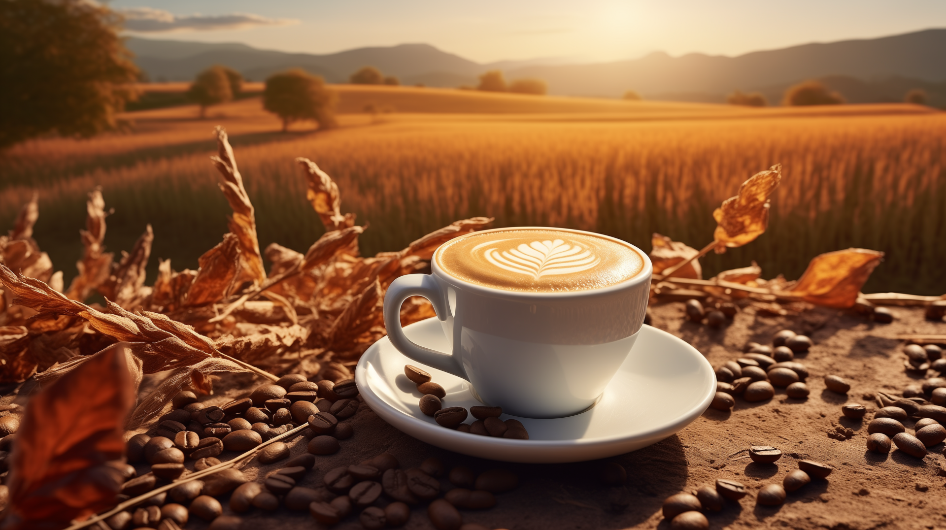 HD wallpaper featuring a beautifully crafted cappuccino with latte art, surrounded by coffee beans and autumn leaves, set against a backdrop of golden fall fields illuminated by sunset.