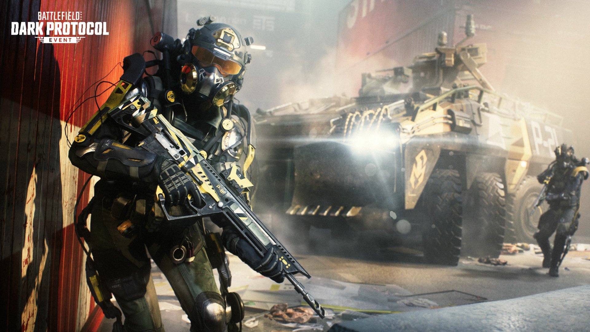 A dynamic HD desktop wallpaper from Battlefield 2042, featuring a soldier in tactical gear aiming a weapon with an armored vehicle in the background amid a smoky, urban environment.