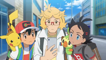 Pokémon Ultimate Journeys HD wallpaper featuring Ash, Pikachu, and companions looking at a smartphone in a city setting for desktop background.
