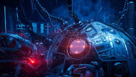 4K Ultra HD PC wallpaper from the video game The Ascent, featuring a futuristic mechanical sphere with glowing red and blue lights in a dark sci-fi environment.