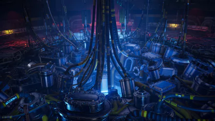 Futuristic cybernetic facility with glowing blue lights and cables, a 4K Ultra HD PC desktop wallpaper from the video game The Ascent.