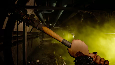 HD wallpaper featuring a first-person view from Dead Island 2, showcasing a spiked bat weapon in a gritty, atmospheric setting with eerie green lighting.