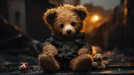 A cozy teddy bear in a dark, rainy setting, dressed in a jacket, surrounded by smaller stuffed animals—an enchanting HD wallpaper for a charming desktop background.