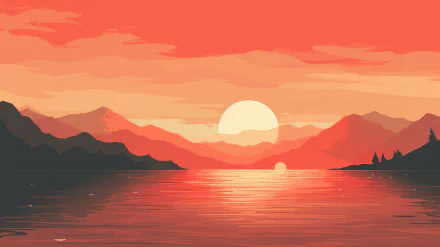 HD desktop wallpaper featuring a minimalist sunset with a vibrant red-orange sky reflecting over tranquil waters against silhouette mountain backdrops.