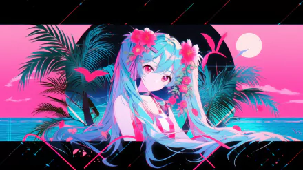 HD desktop wallpaper featuring a vaporwave-inspired anime girl with blue hair and floral decorations, set against a vivid pink and blue tropical backdrop.