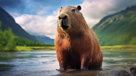 HD wallpaper of a capybara standing in a clear river with picturesque mountains in the background.