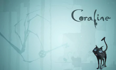 HD Coraline themed desktop wallpaper featuring stylized title and cat silhouette on a blue background.