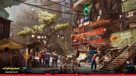 HD desktop wallpaper of a bustling street scene in the video game Cyberpunk 2077, featuring vibrant city life with pedestrians and neon signs.