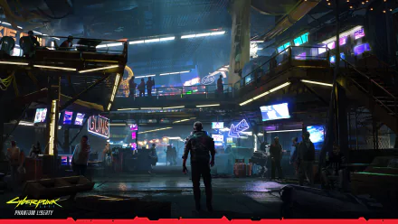 HD wallpaper from Cyberpunk 2077 featuring a detailed cyberpunk cityscape with neon lights and multiple characters.