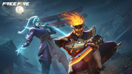 HD desktop wallpaper of Garena Free Fire featuring two dynamic characters in a combat pose, with a moonlit sky in the background.