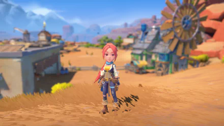 HD wallpaper of a character from 'My Time at Sandrock' game, featuring a vibrant desert backdrop with a windmill.