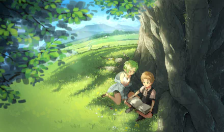 Rudeus Greyrat and Sylphiette from Mushoku Tensei: Jobless Reincarnation sit under a tree in a bright, detailed 4K Ultra HD anime desktop wallpaper.