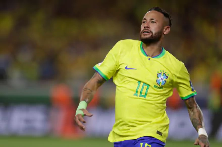 HD desktop wallpaper featuring a player from the Brazil National Football Team in action during a game, wearing the number 10 jersey.