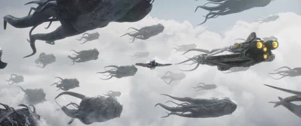 HD wallpaper featuring an ethereal scene with a spaceship flying amidst giant floating whale-like creatures in a cloudy sky, inspired by Ahsoka's adventures.