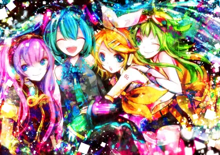 A vibrant HD desktop wallpaper featuring anime characters Rin Kagamine, Luka Megurine, GUMI (Vocaloid), and Hatsune Miku in a colorful and lively design.
