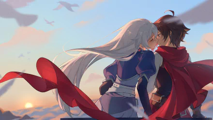 Anime-style 4K Ultra HD wallpaper featuring Ruby Rose and Weiss Schnee from RWBY sharing a close moment against a scenic sky backdrop.