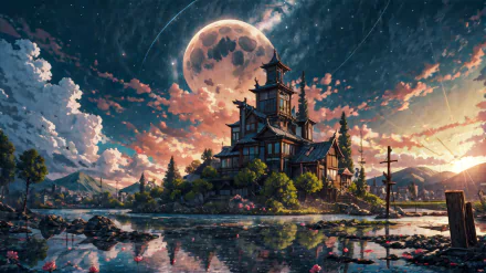 fantasy castle AI Art moon HD Desktop Wallpaper | Background Image