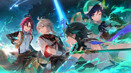 HD PC desktop wallpaper featuring Venti, Xiao, Kaedehara Kazuha, and Shikanoin Heizou from the video game Genshin Impact in dynamic action poses.