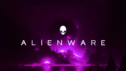 Alienware logo with a glowing alien head set against a futuristic purple landscape, presented as a 4K Ultra HD technology desktop wallpaper.