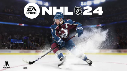 HD EA Sports NHL 24 desktop wallpaper featuring a dynamic ice hockey player in action with ice shards flying around, set against an atmospheric arena background.