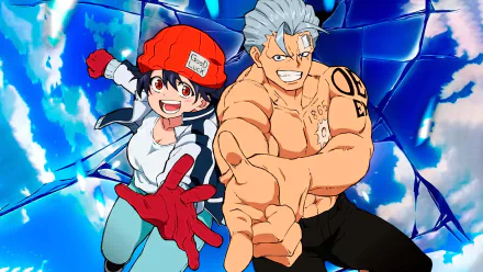HD wallpaper featuring characters Andy and Fuuko Izumo from Undead Unluck, showcasing a colorful and dynamic anime backdrop.
