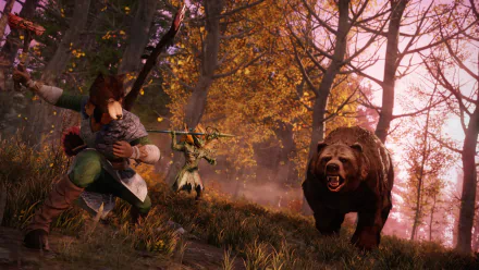HD desktop wallpaper of New World game featuring a warrior and bear in a forest battle scene.