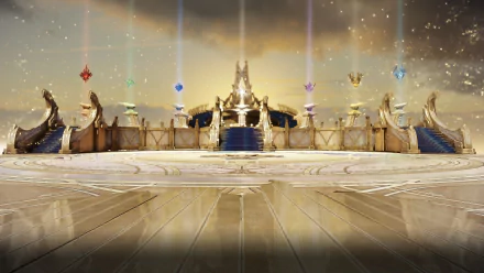 HD desktop wallpaper of a grand temple from the video game Lost Ark, featuring shining beams of light and majestic architecture.