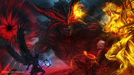 HD Path of Exile desktop wallpaper featuring dynamic battle scene with fiery and dark mystical creatures.