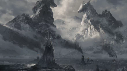 HD wallpaper of Dragonheir: Silent Gods featuring a mystical figure in a cloak before towering snow-capped mountains, creating an epic fantasy background.