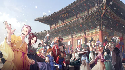 HD desktop wallpaper inspired by Dead By Daylight, featuring animated characters in traditional attire at a vibrant marketplace in a historical Asian setting.