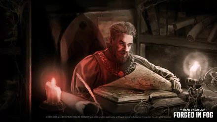 HD desktop wallpaper from the video game Dead By Daylight featuring a bearded man reading a large book by candlelight, with a mysterious hooded figure in the background.