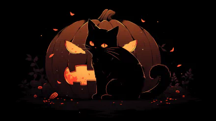 HD Halloween desktop wallpaper featuring a black cat with glowing eyes sitting in front of a carved pumpkin, surrounded by autumn leaves.