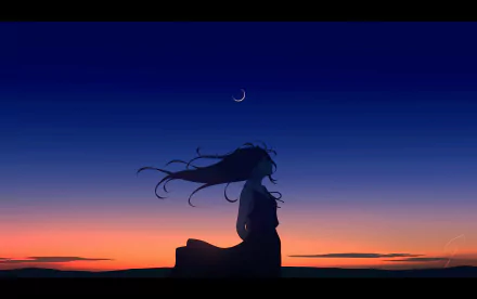 4K Ultra HD anime girl silhouette against a vivid sunset-to-night gradient with a crescent moon — tranquil PC desktop wallpaper.